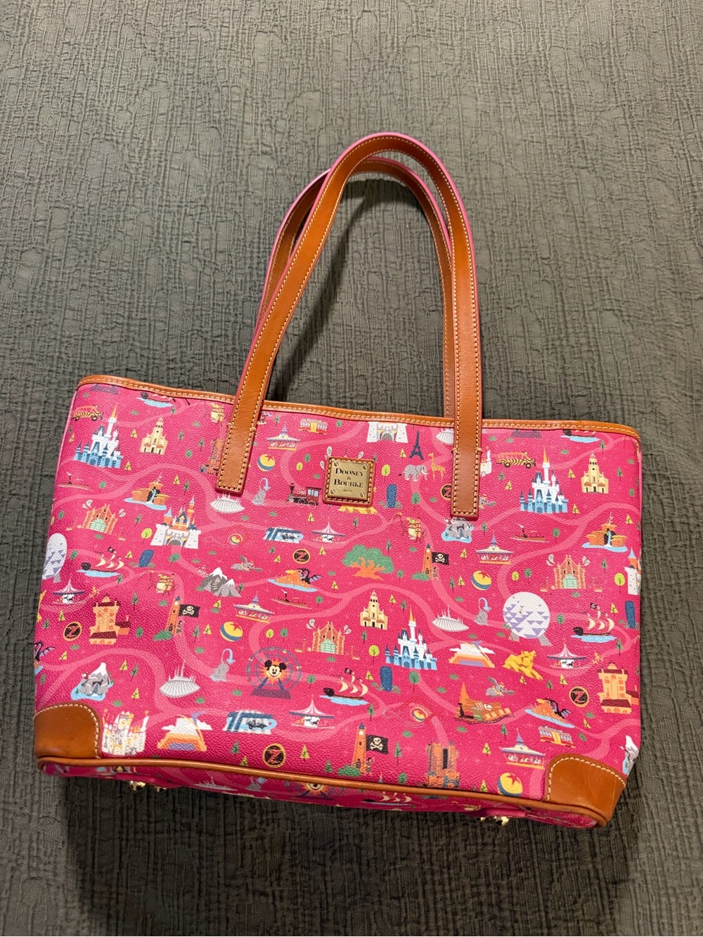 Dooney & Bourke Disney Parks Pink Printed Canvas Tote Tan Leather Handles
